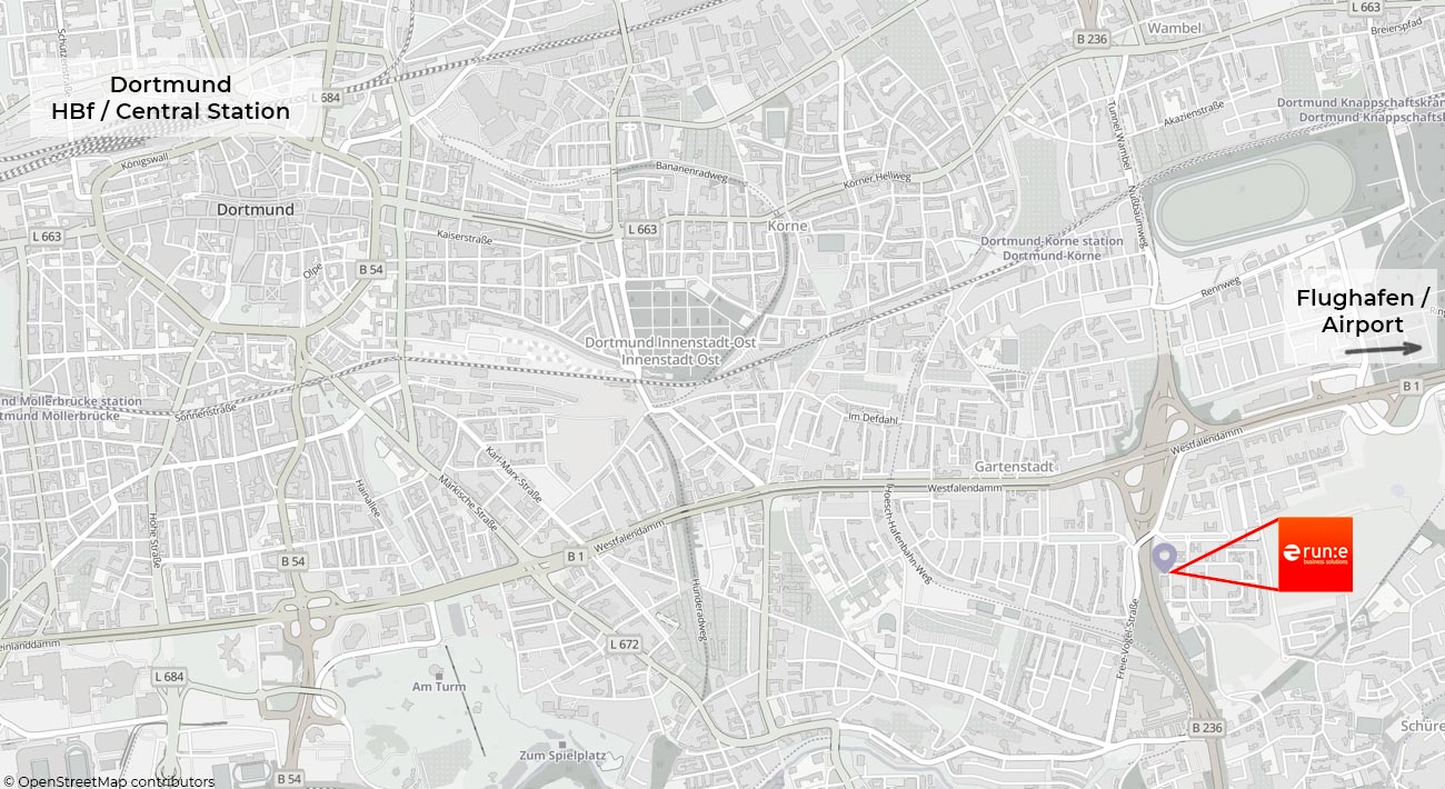 Static map of Dortmund showing the run-e office between the central station (Hauptbahnhof) and Dortmund airport.